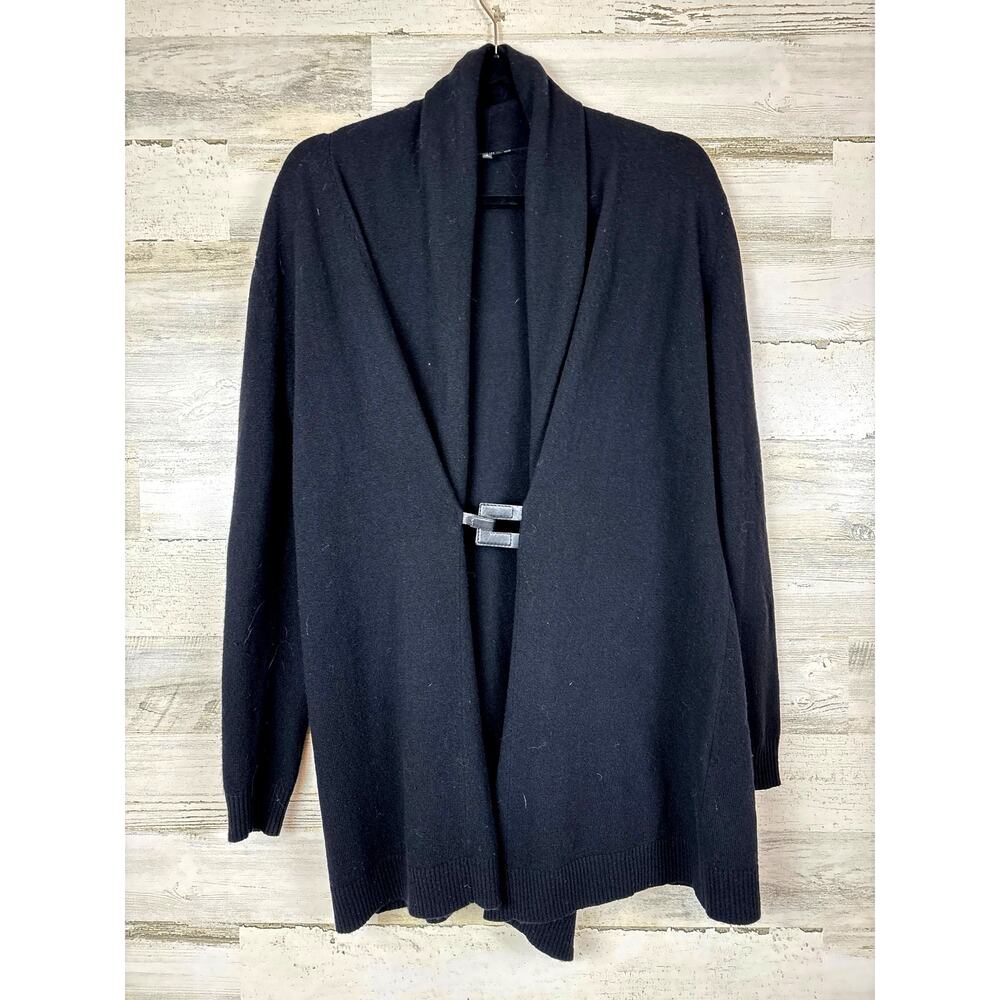 Lafayette 148 Womens L Black Cashmere Blend Long Cardigan Leather Clasp Closure